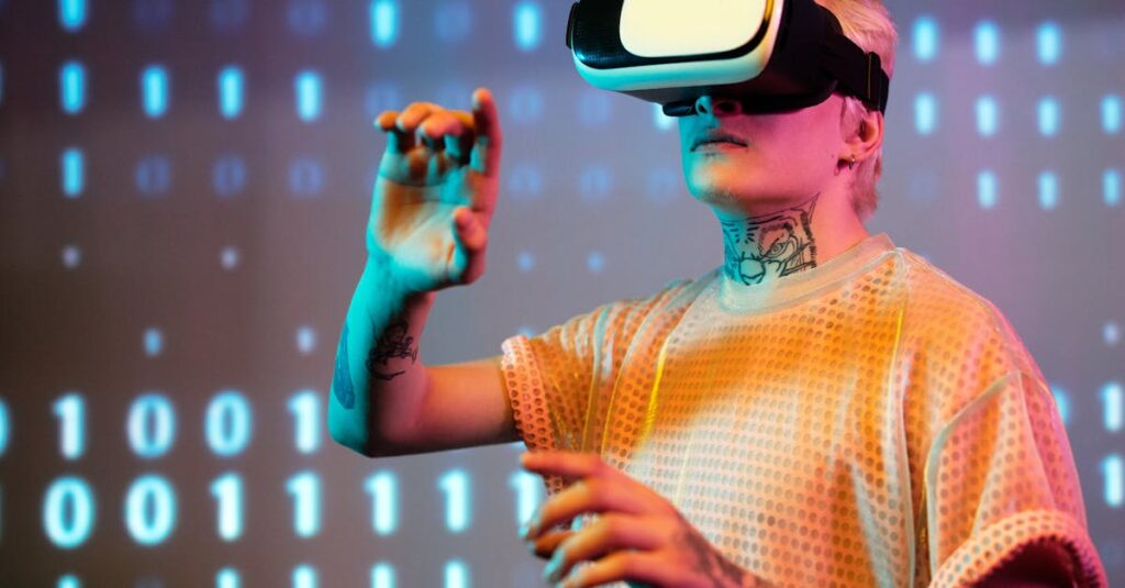 pexels-photo-4389465-4389465 A young man interacts in virtual reality wearing a headset with a digital binary background.