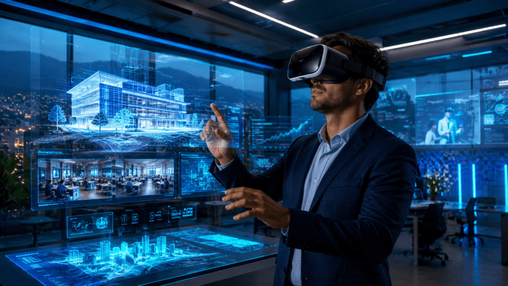 Profesional utilizando un visor de realidad virtual en un laboratorio tecnológico futurista representando la transformación digital de empresas en Colombia.