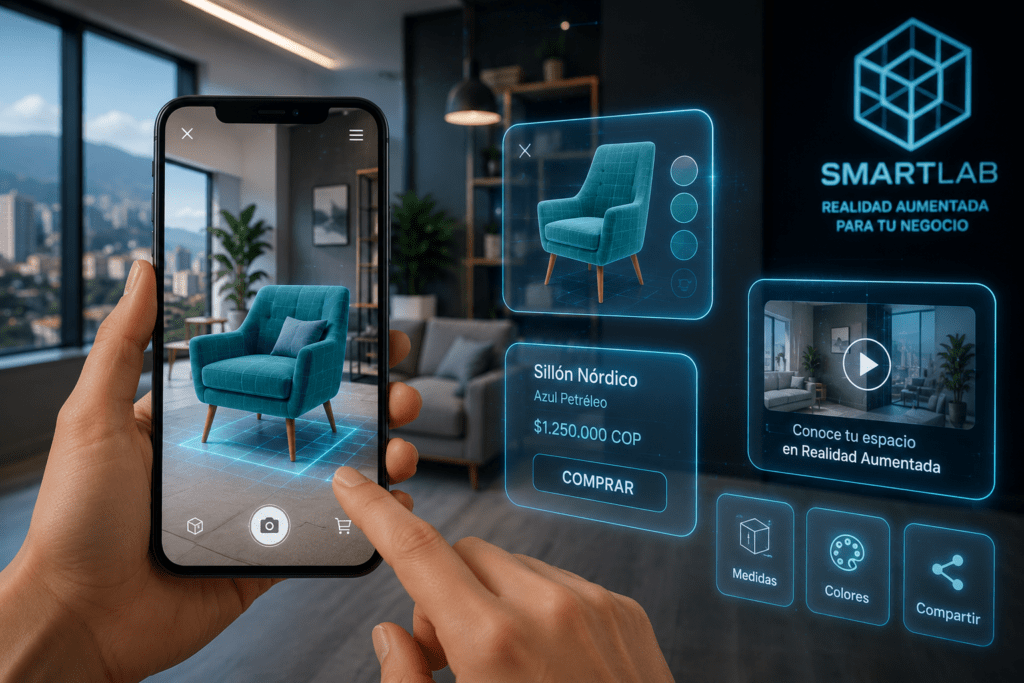 Realidad aumentada aplicada al marketing digital con un smartphone mostrando un modelo 3D holográfico sobre una tarjeta de presentación, entorno tecnológico futurista, visualización interactiva de contenido multimedia y branding innovador desarrollado por Laboratorio SmartLab.