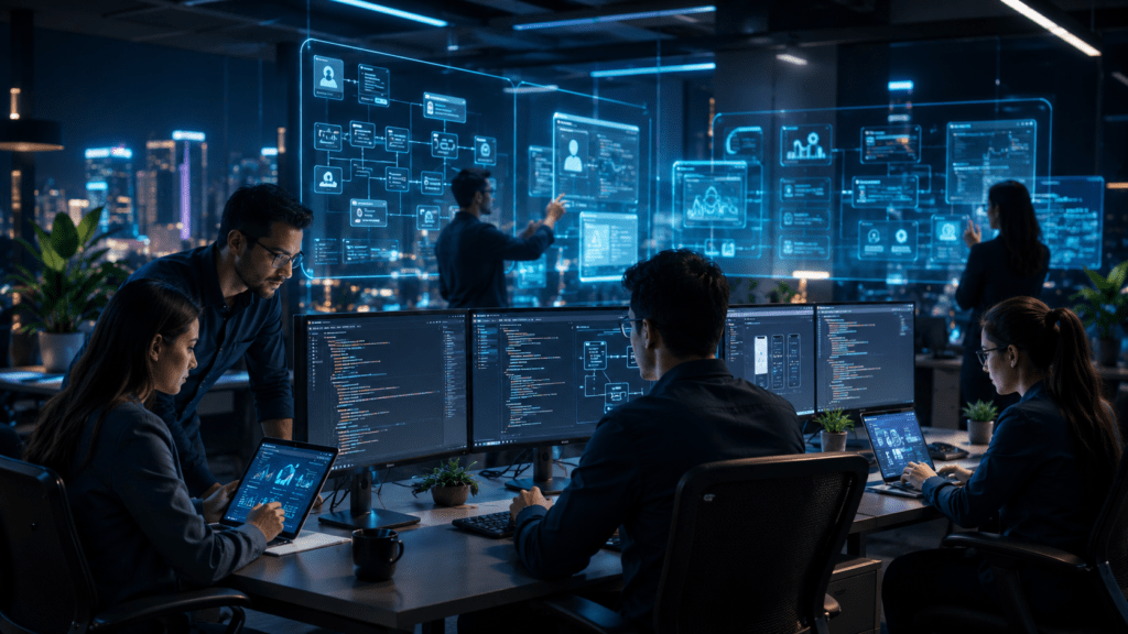 Equipo de desarrolladores de smartlab creando software a la medida con código, diagramas de arquitectura y dashboards empresariales en un laboratorio tecnológico moderno.