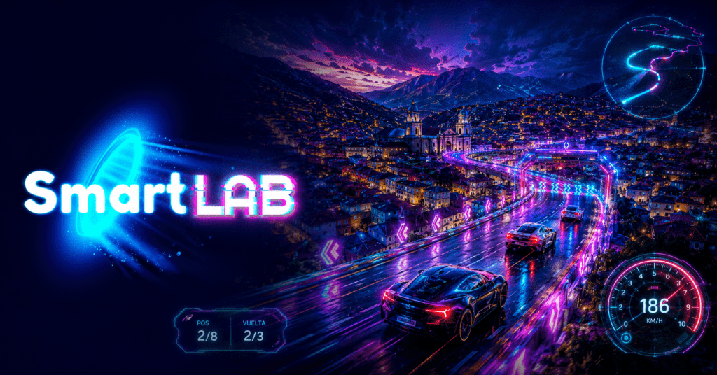 Laboratorio smartlab sas Aerial view of a vibrant Latin American city reimagined as a video game racing track. Colorful rooftops, mountain backdrop, neon lights and holographic race track markers glowing over the urban landscape. Dark dramatic sky with cyan, magenta and purple volumetric light. Game HUD elements subtly integrated — speedometer, minimap glow. Cinematic quality, photorealistic with stylized neon accents, 8K render.